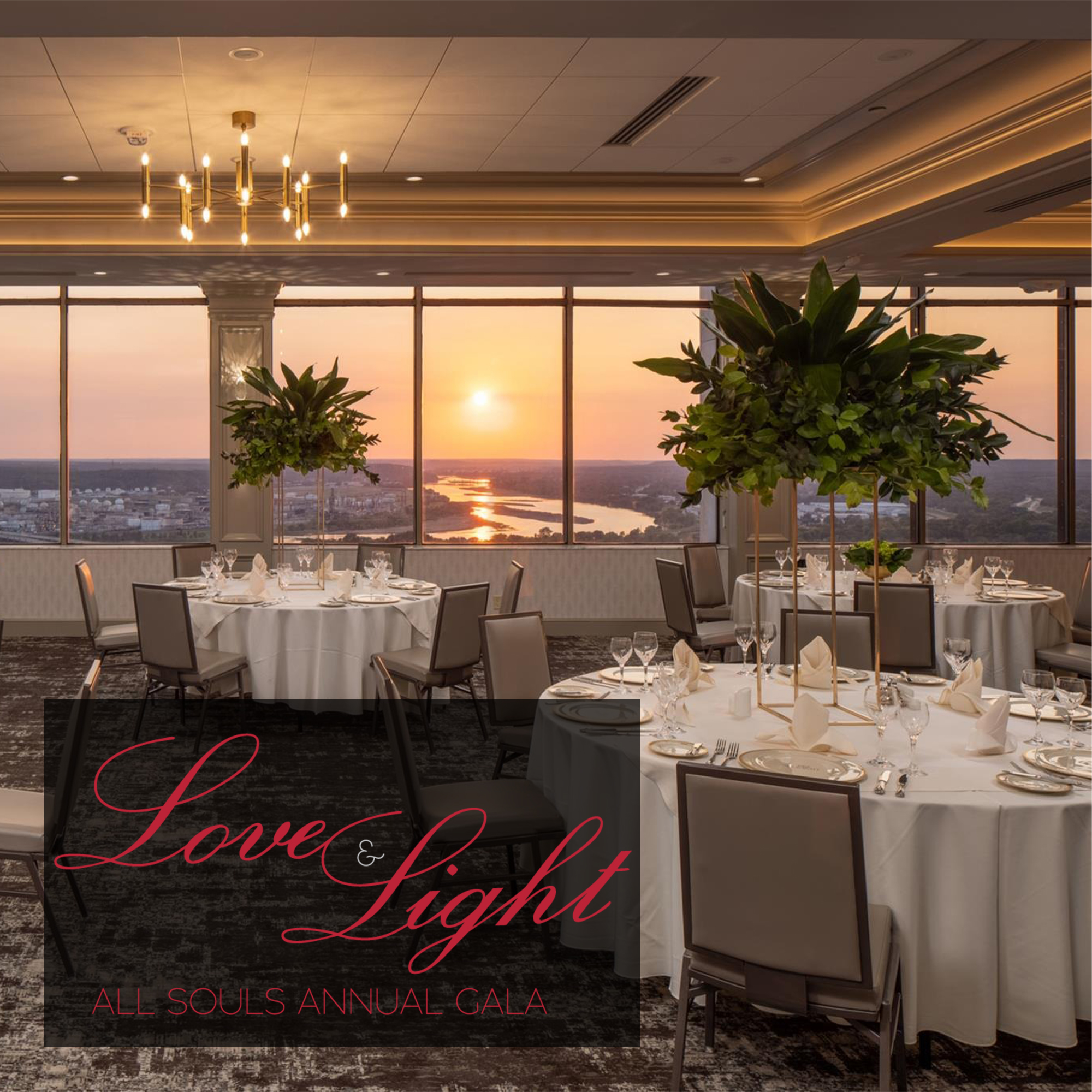 View of the Summit Club with a sunset view of the Arkansas River and elegant dining setup, reading "Love & Light All Souls Annual Gala."
