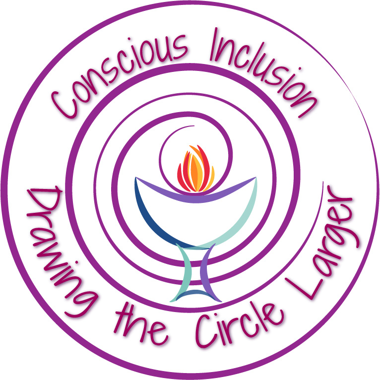 A logo showing a colorful, stylized flaming chalice encircled by a growing spiral, with the words "Conscious Inclusion: Drawing the Circle Larger."
