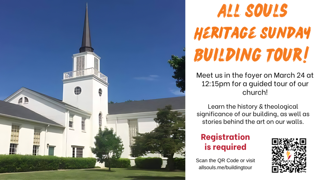 A slide advertising the All Souls Heritage Sunday building tour.
