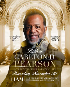 A poster for the interfaith memorial service for Bishop Carlton D. Pearson