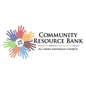 Logo for the Community Resource Bank at All Souls Church, showing a circle of outstretched hands in many subdued colors.