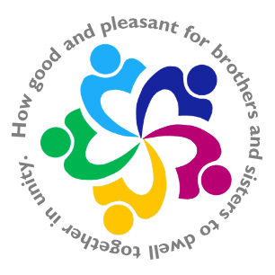 The Knippa Lecture logo, showing a stylized circle of colorful people joining hands, with the slogan, How good and pleasant for brothers and sisters to dwell together in unity.