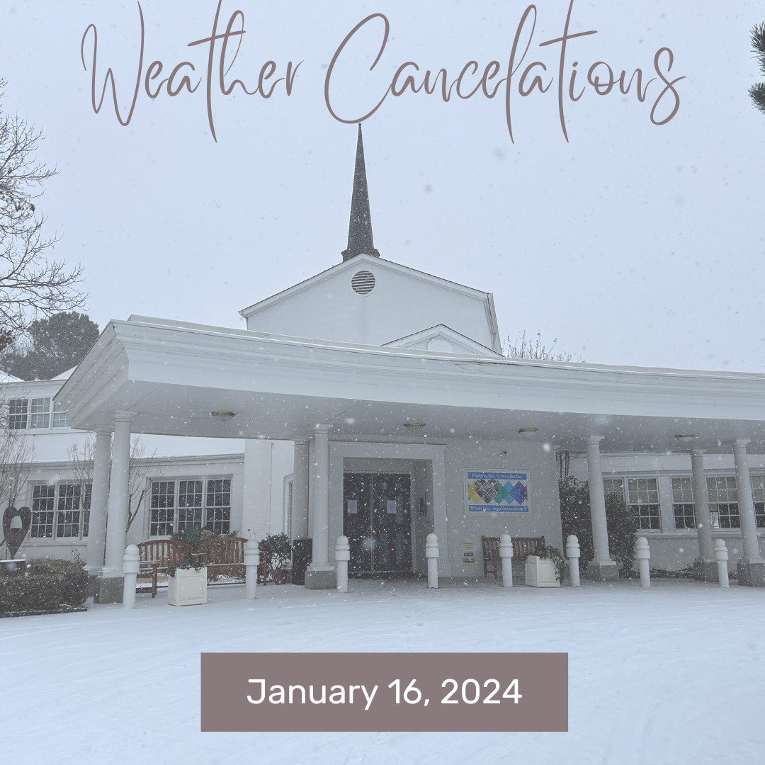 A white church in the snow with a heading, Weather Cancelations