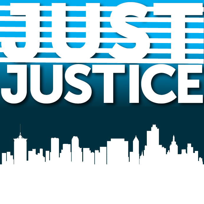 The words Just Justice in all caps with a silhouette of the Tulsa skyline beneath.