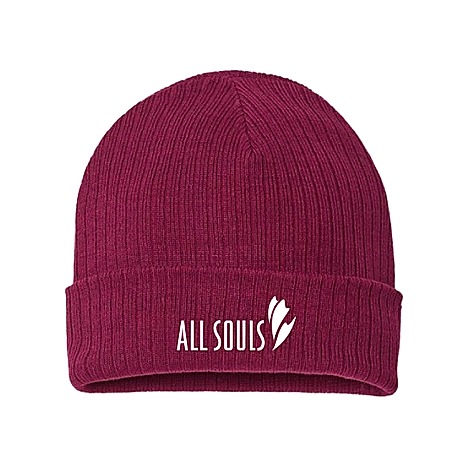 A dark red, ribbed beanie-style hat with the All Souls logo embroidered on the rim.