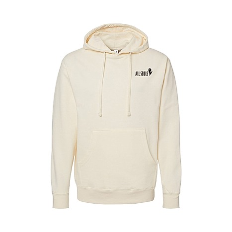 A cream colored cotton hoodie with a small embroidered All Souls logo