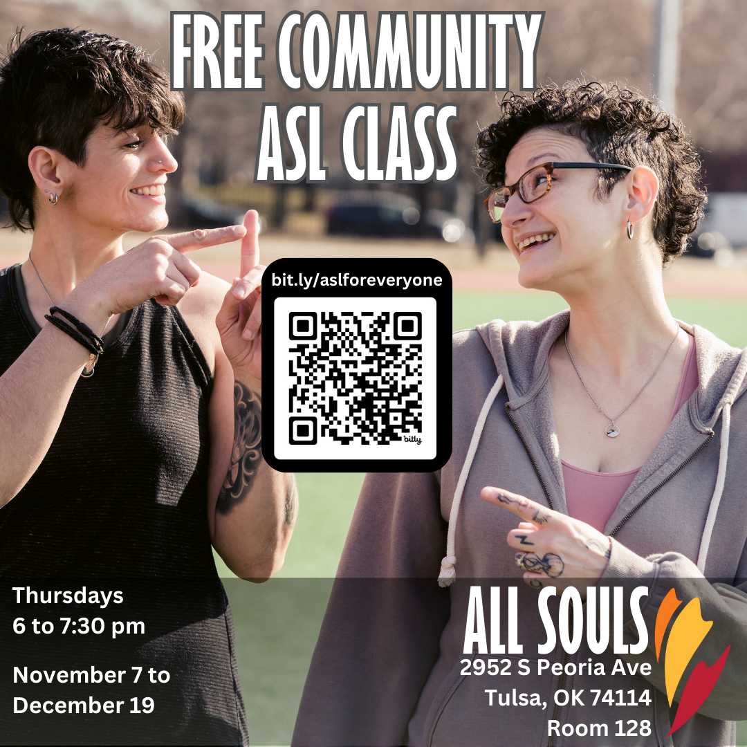A flier for a free, community ASL class featuring two people in a park conversing in Sign language.
