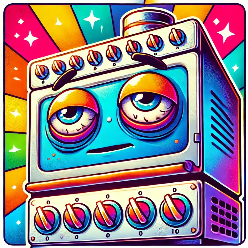 An AI-generated cartoon of an old oven with weary, bloodshot eyes.