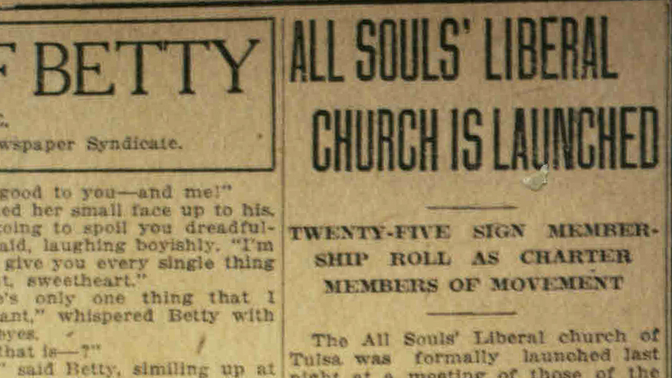 A vintage newspaper clipping titled 'All Souls' Liberal Church is Launched,' discussing the founding and charter members of the church.