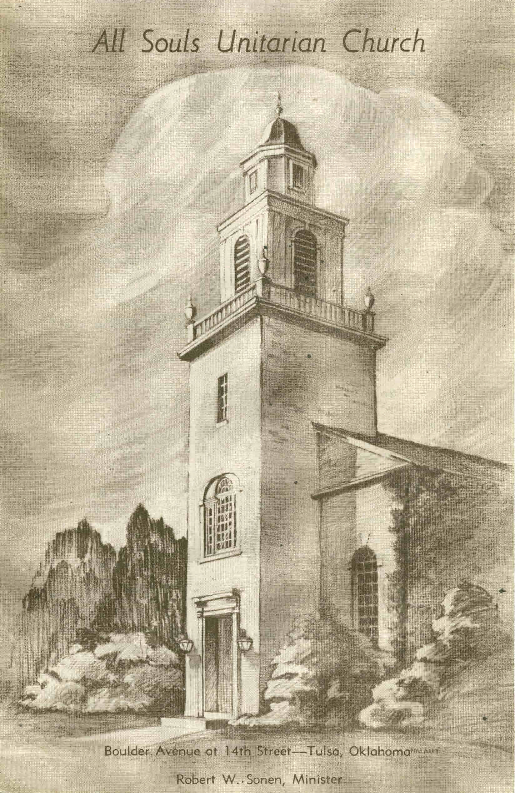 The cover of a 1946 order of service showing the All Souls Church building at 14th and Boulder in Downtown Tulsa, now Fitzgerald's Funeral Home.