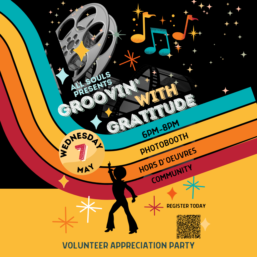 A poster promoting a "Volunteer Appreciation Party" titled "Groovin' with Gratitude." The poster is designed in a retro, 1970s style, with swirling rainbow-colored stripes on a dark background. A stylized image of a film reel and musical notes are featured. A silhouette of a person dancing in the 70s style is centered in the bottom half of the poster. The text details the event will be held Wednesday, May 7th, from 6 PM to 8 PM and features a photo booth, hors d'oeuvres, and community involvement. A QR code for registration is included. The poster's color scheme is warm and inviting, using a combination of vibrant colors like orange, yellow, teal, and purple on a dark background.